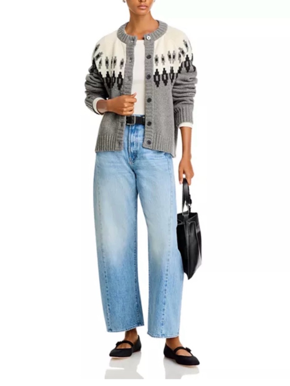 KULE The Freya Cardigan Heather Grey Fair Isle Nordic Inspired Wool Blend Size S